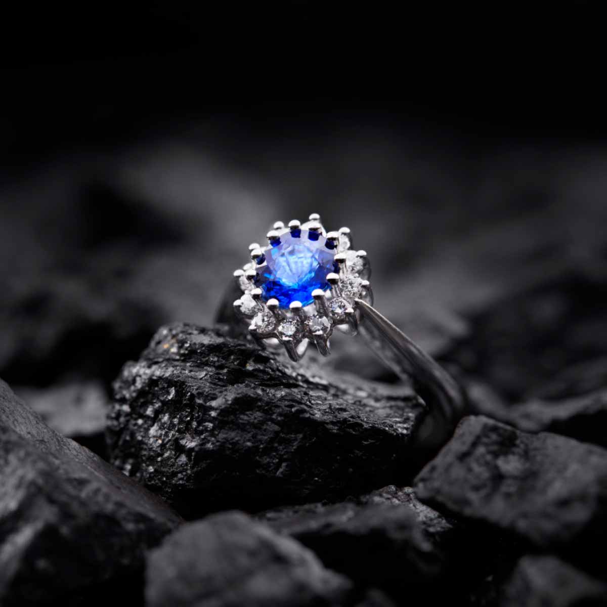 hvidguld-fingerring-med-brillianter-i-cirkel-med-stor-safir-i-centrum